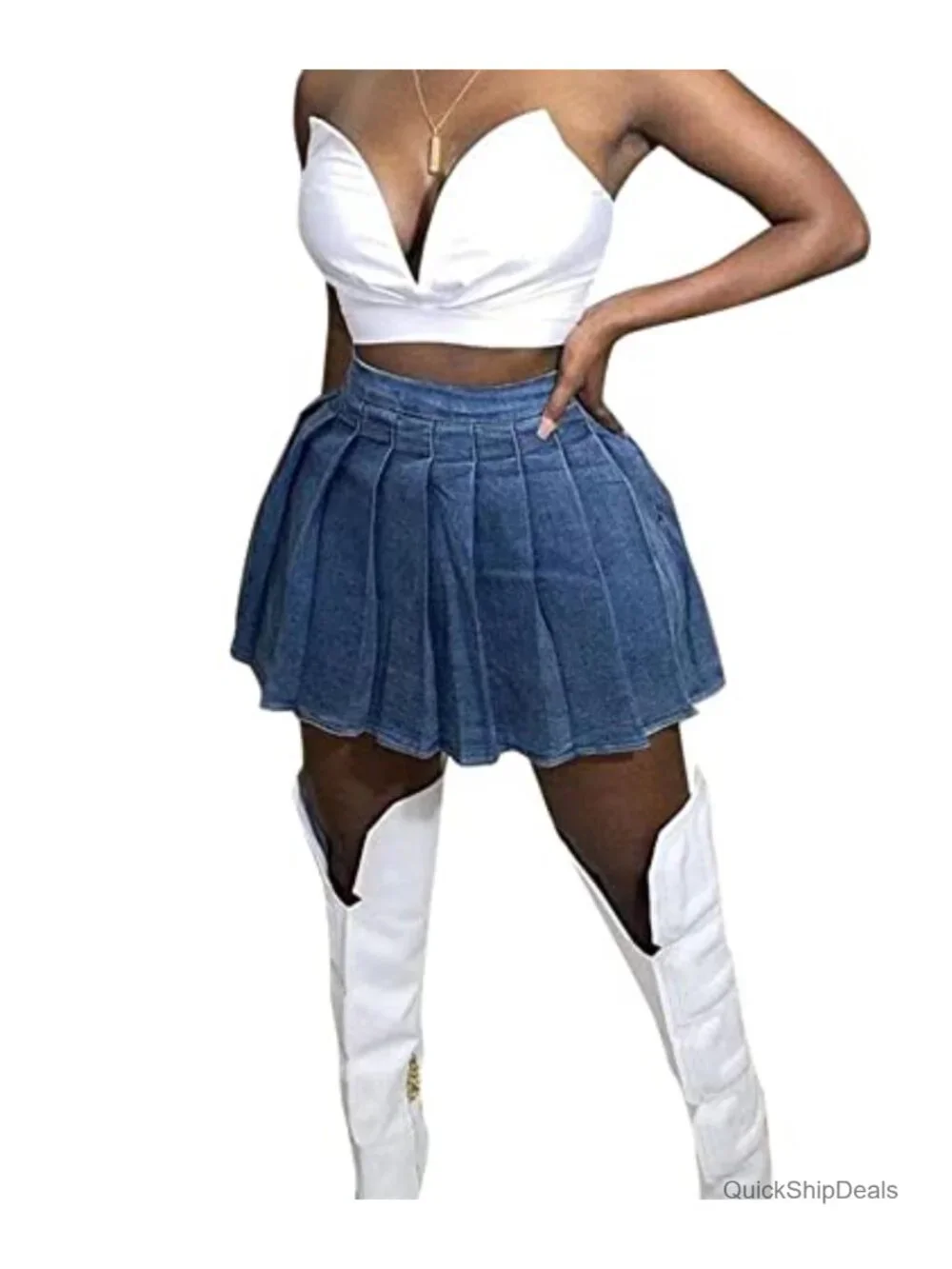 Pleated Denim Mini Skirt High Waist A-Line